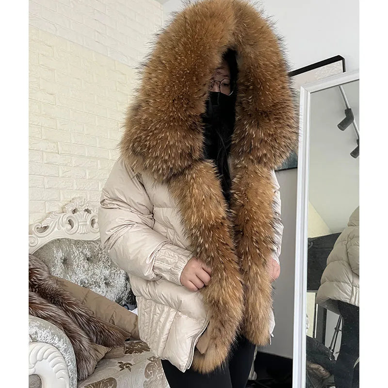 Warm Duck Down Natural Real Fox Fur Collar Hood Puffer Coat