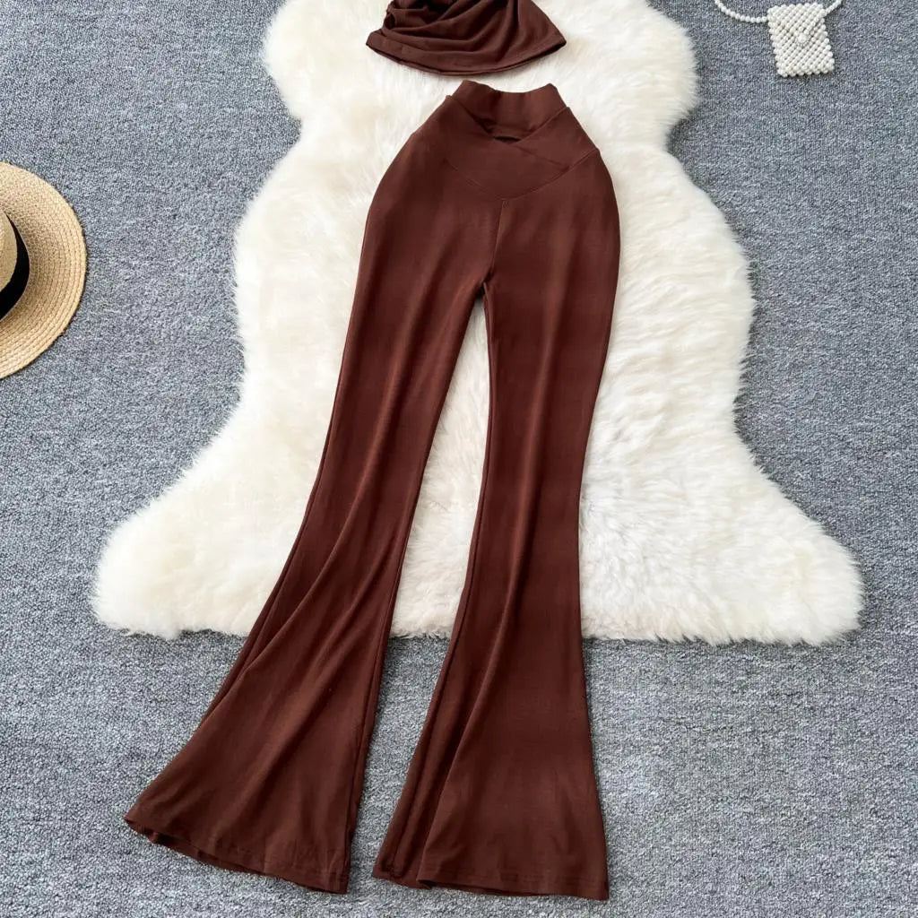 Two Pieces Sets Elegant Chic Skew Collar Pleated Tops + High Waist Flare Casual Pants  Outfits