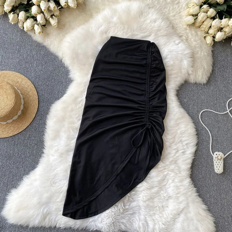 Draped Irregular Lace up Drawstring Folds Midi Skirt