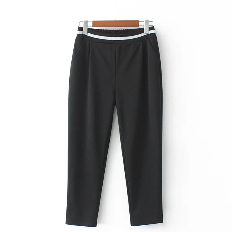 Stripes Elastic Waist Casual Office Lady Calf-Length Trouser