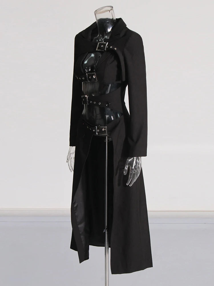 Solid Hollow Out Lapel Long Sleeve Spliced Belt Chic Asymmetrical Jackets