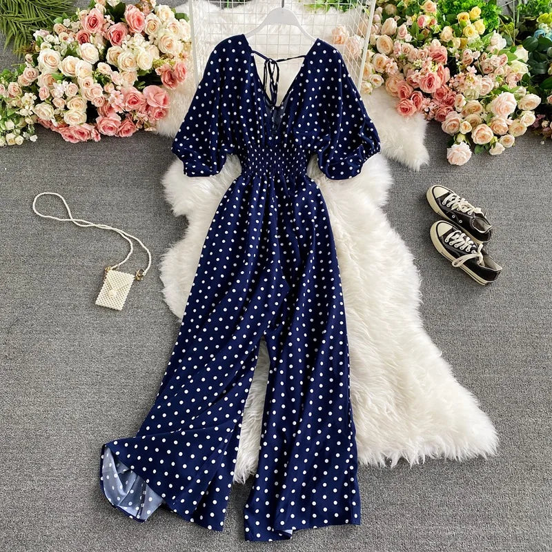 V Neck Dolman Sleeves Floral Print Wide Leg Jumpsuit