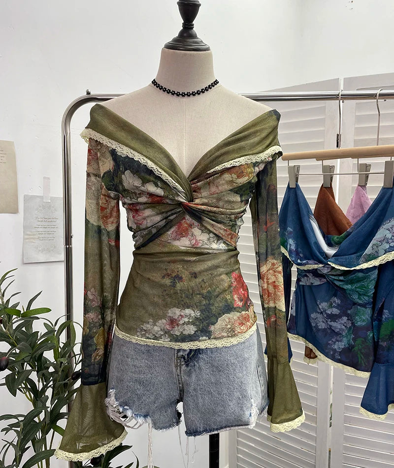 Off Shoulder Patched Ruffled Mesh Slash Collar T Shirts