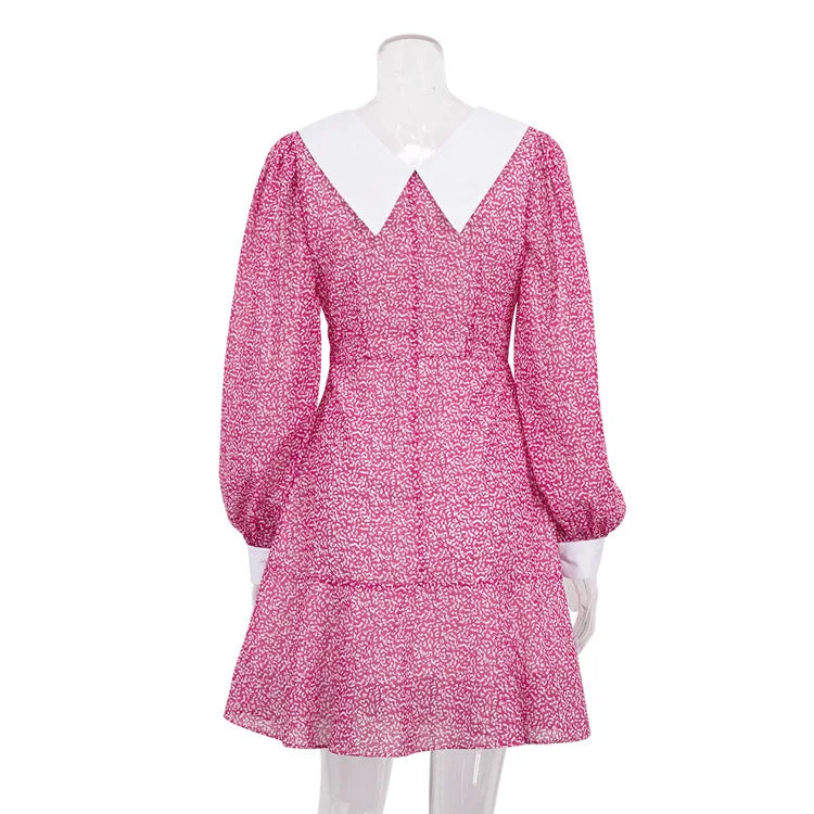 High Waist Long Sleeve  Backless V-Neck Printed  Dress