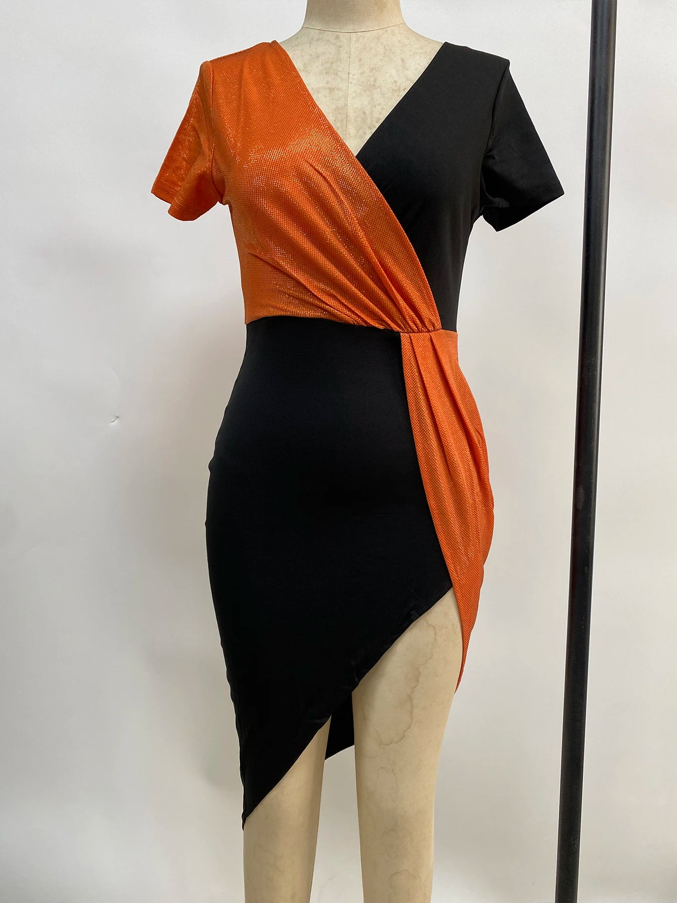 high waist pure color temperament commuter skirt short-sleeved waist dress
