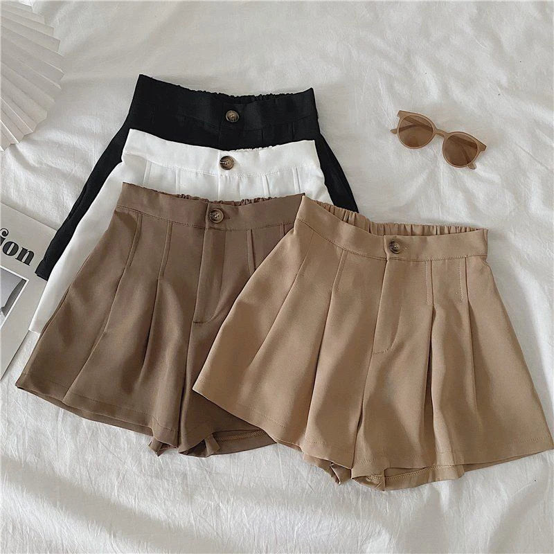 Casual Simple Korean Fashion Elastic High Waist Pleated Shorts