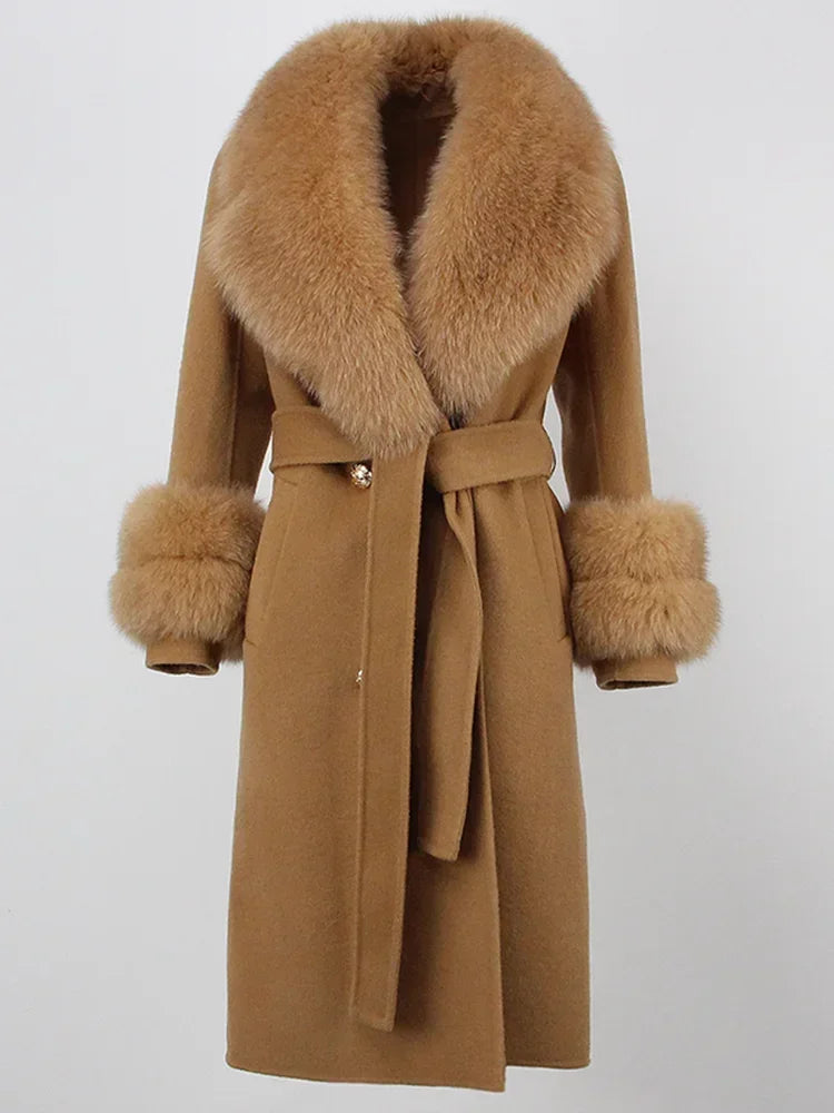 Real Fur Natural Wool Blends Cashmere Double Breasted Belt Warm Coat