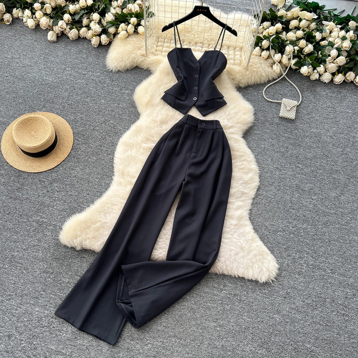 Office Lady Suits Camisole+Wide Leg Zipper Pants Chic Two Piece Set