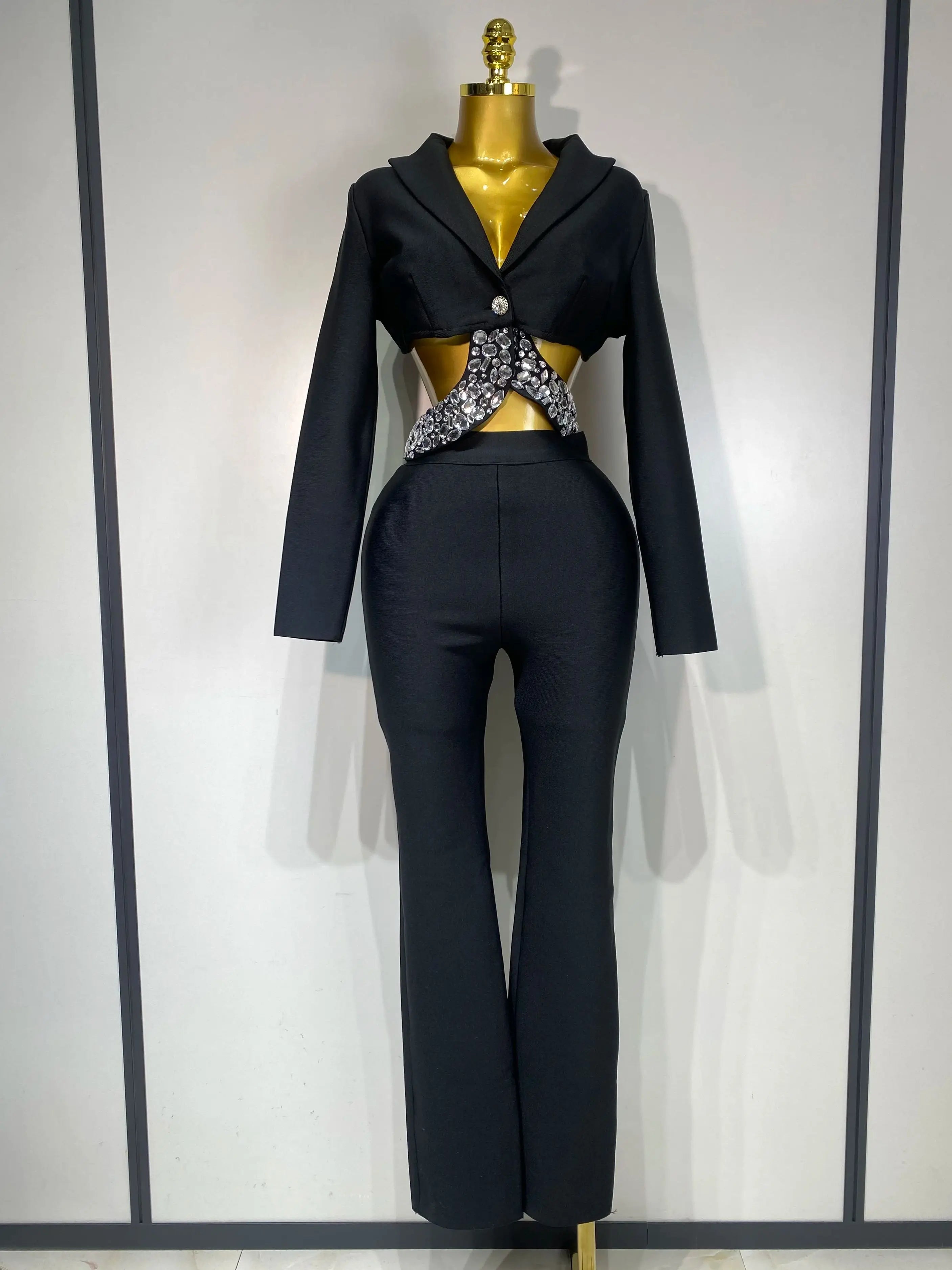 Luxury Two Piece Set Long Sleeve Beading Bodycon Top And Bandage Pants Set