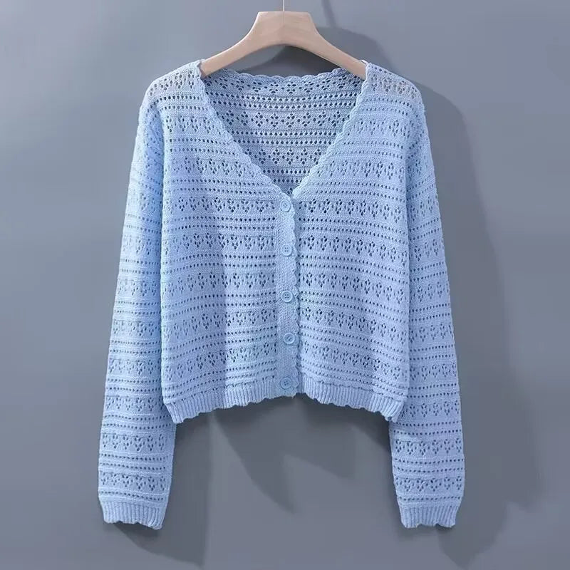 Long Sleeve Casual Single Breasted Thin Hollow Out Cardigan