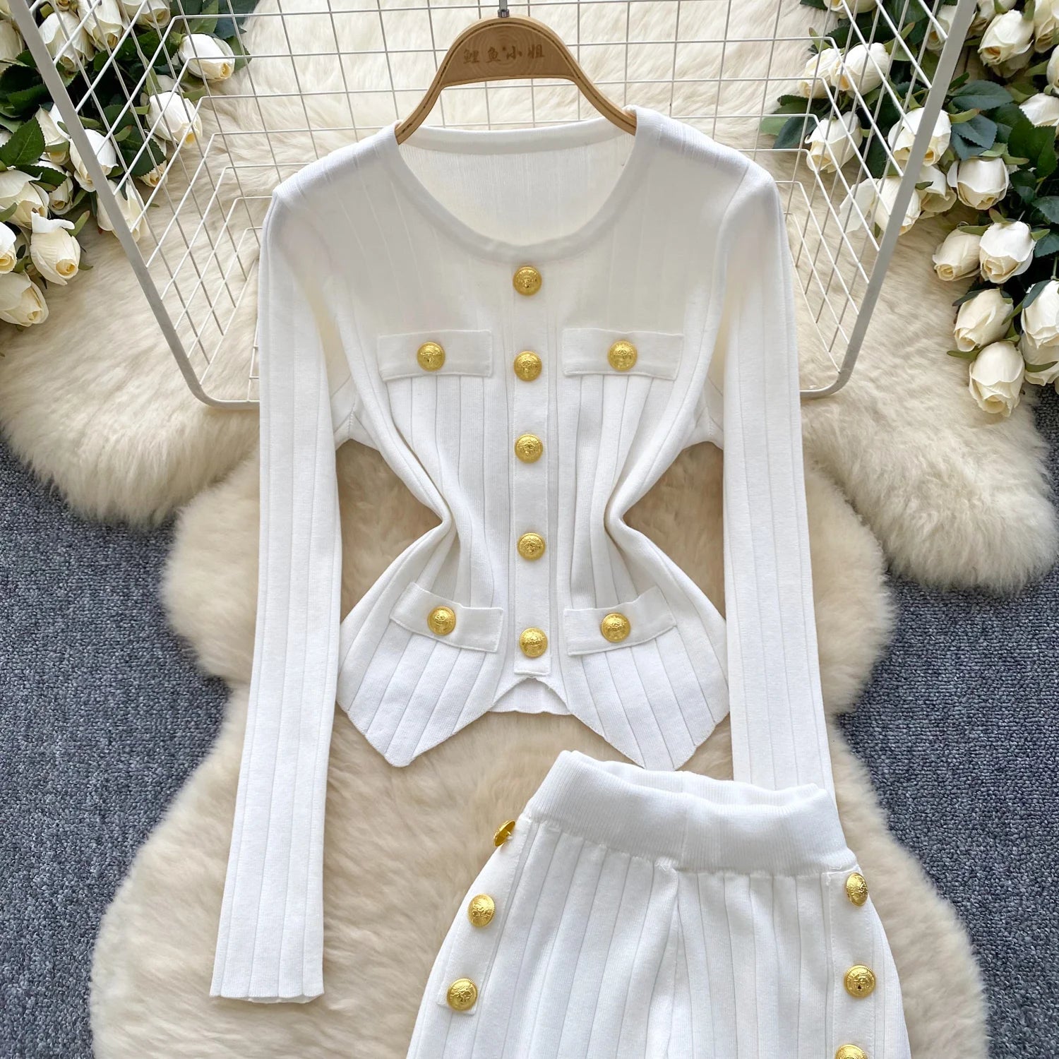 Long Sleeves Chic Buttons Pullovers+Elastic Long Pants Vintage Two Pieces Sets