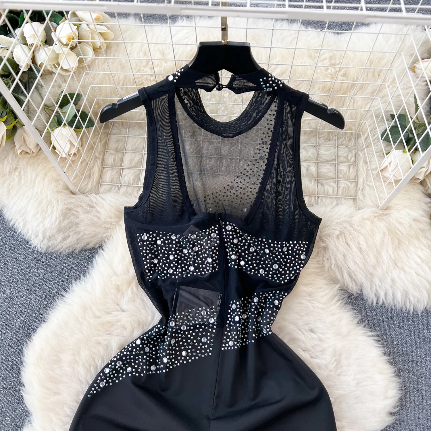 Beading Mesh Long Rompers Sleeveless Diamond Backless Slim Bodycon Sheer Jumpsuits