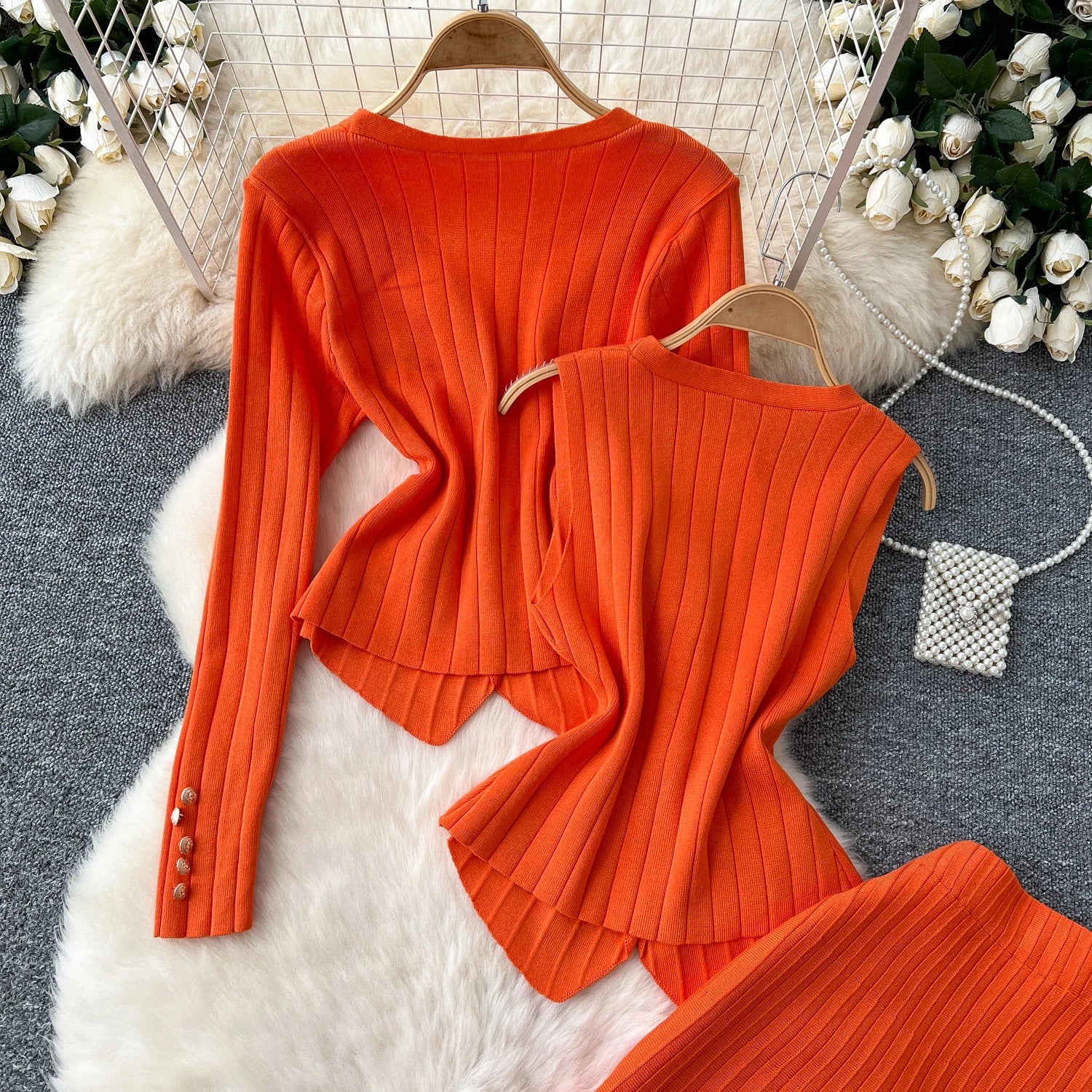 Knitted Full Sleeves Tops+Single Breasted Tank Tops+Elastic Waist Skirt  Suits
