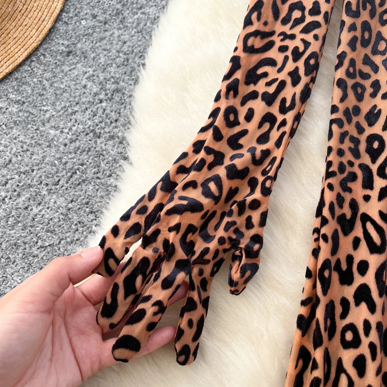 Leopard Print Stand Collar Long Gloves Long Playsuits Jumpsuit