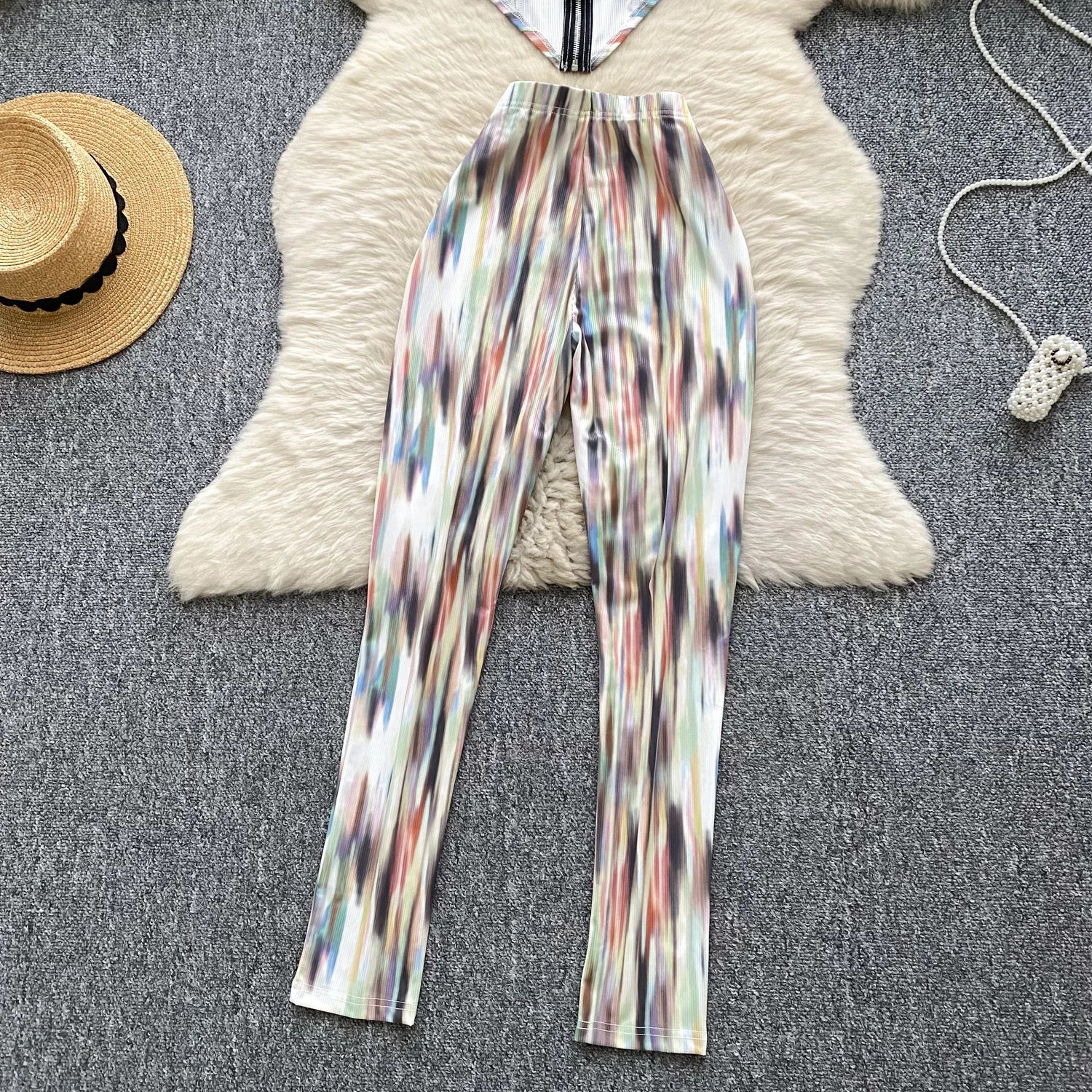 Two Piece Sets Strapless Zipper Tops+Bodycon Long Pants Suits