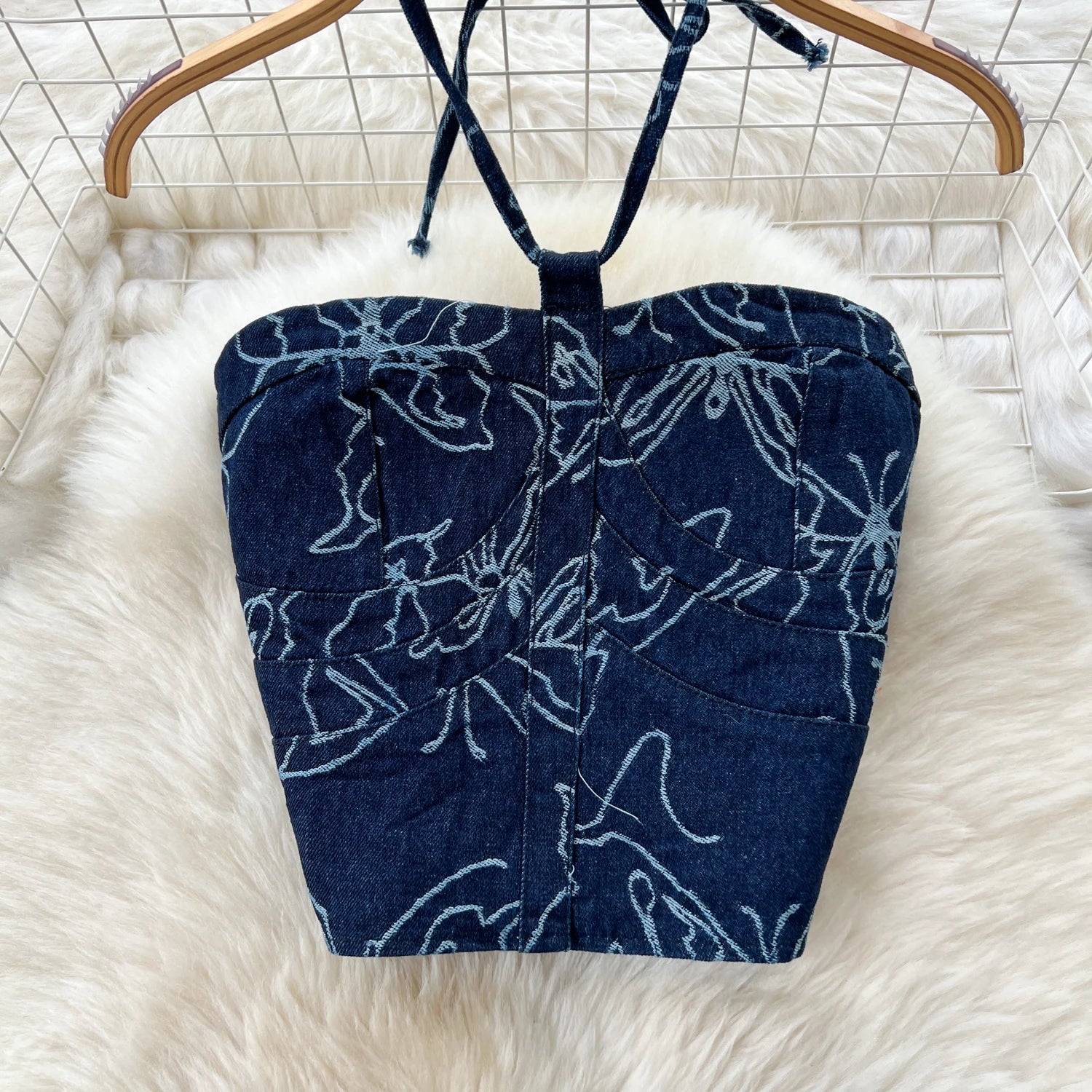Butterfly Print Denim Two Pieces Sets Halter Strapless Slim Camis+Wide Legs Long Pant Suits
