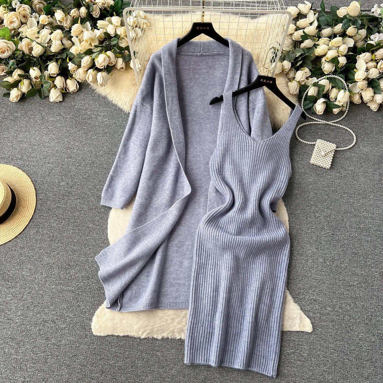 Autumn Thick Warm Knitted Suits Knit Dress+Loose Long Cardigans Sweater Casual Two Pieces Sets