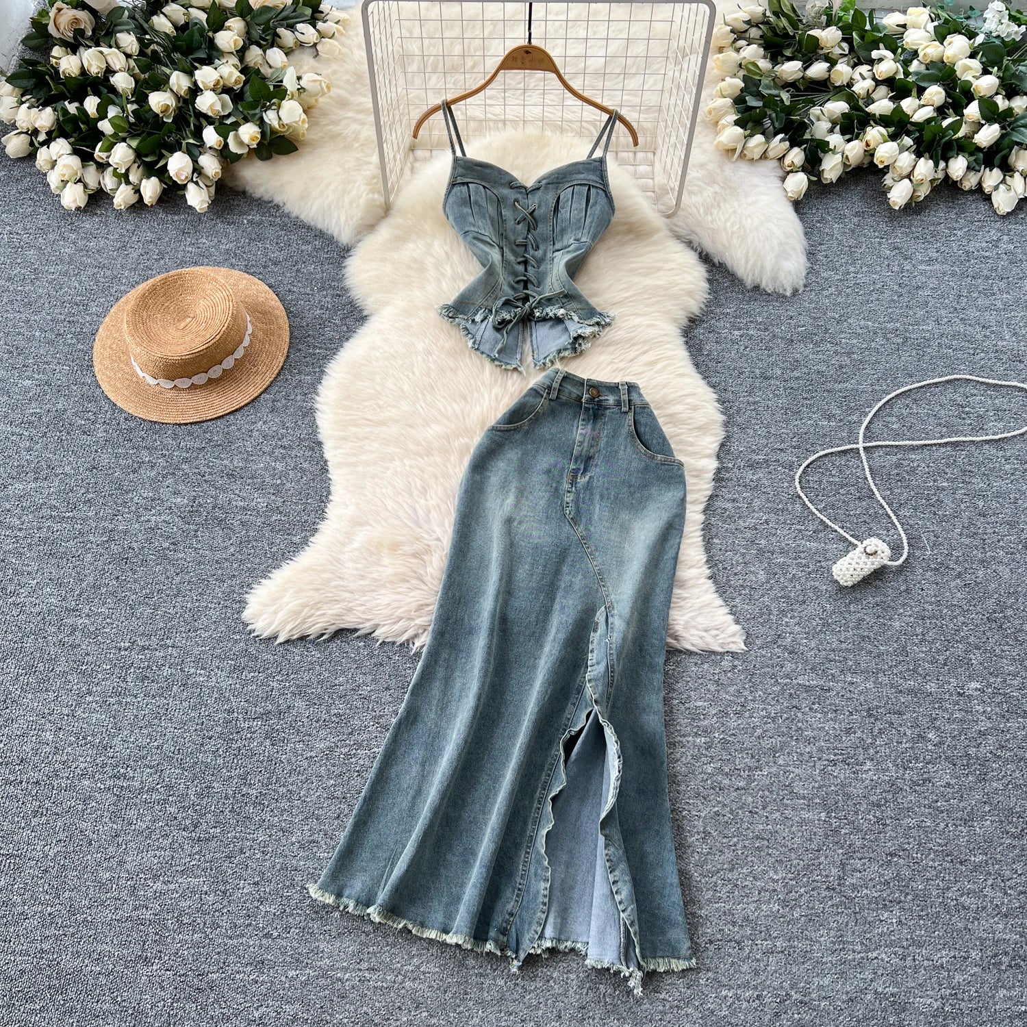 Vintage Lace Up Strapless Top And Skirt Demin Set