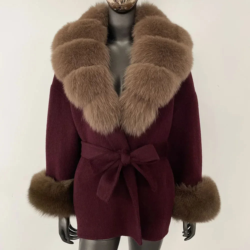 Winter Loose Outerwear Casual Natural Real Raccoon Fox Fur Blends Wool Coat