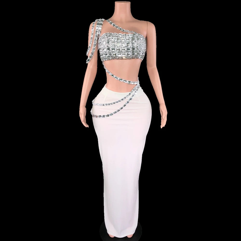 Sparkly Gemstones Tube Crop Top Long Skirt Two Pieces Set for Prom Birthday