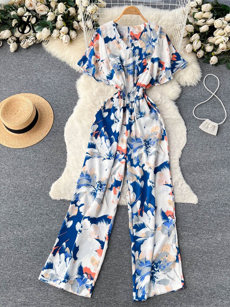 Floral V Neck Jumpsuits Retro Long Rompers