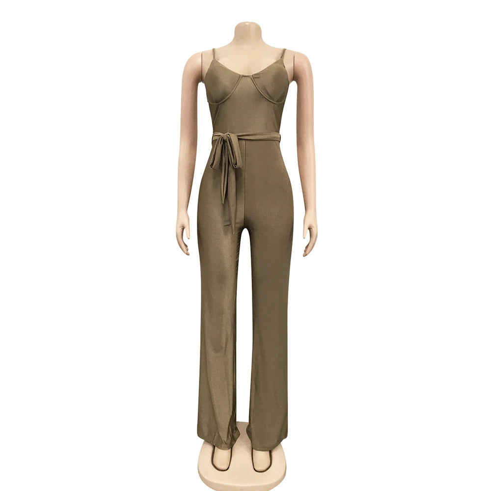 High Waist Wide Leg Pants One Piece Sleeveless Jumpsuit with Belt