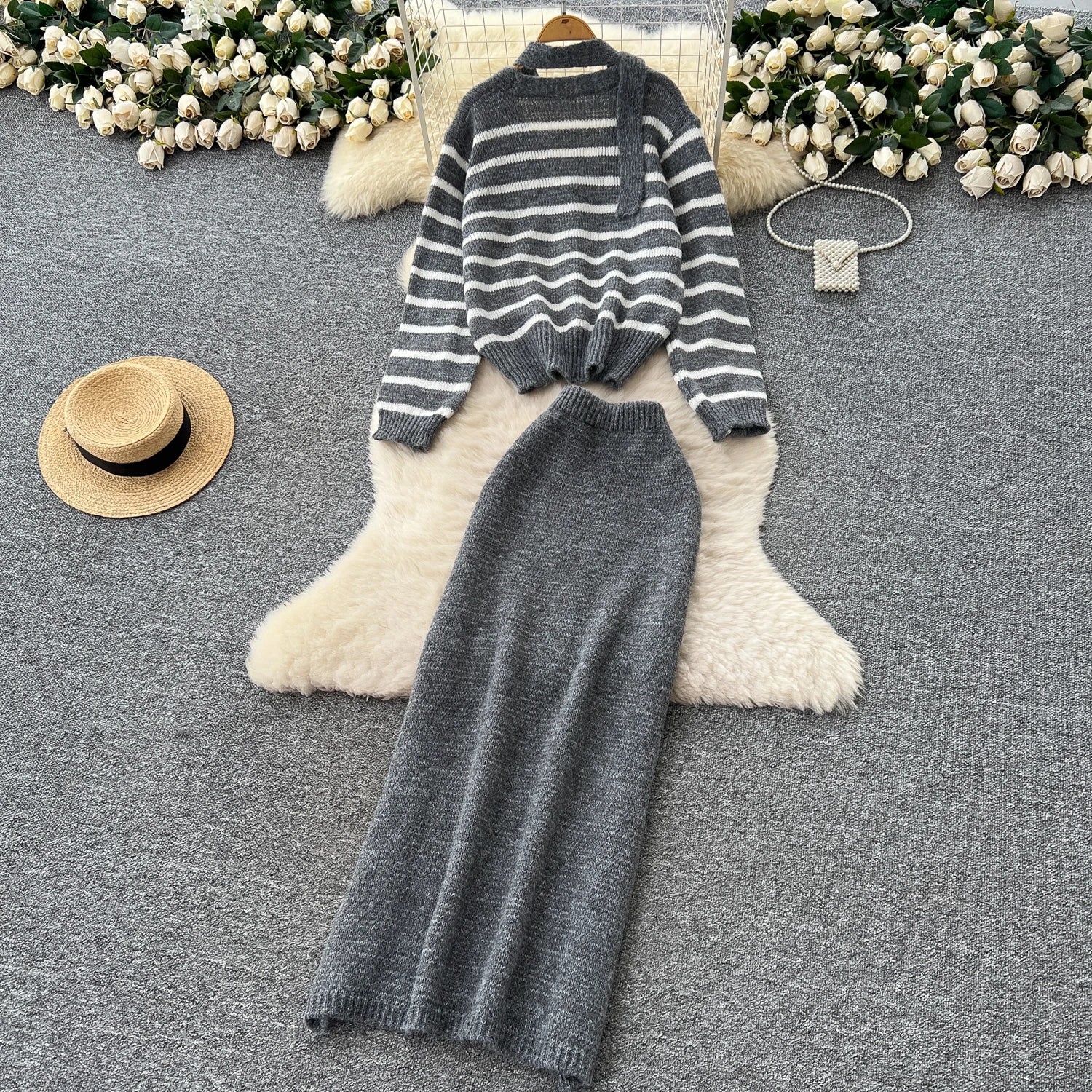 Striped Sweater Loose Cardigan+Elastic Long Skirts Knitted Two Piece Set