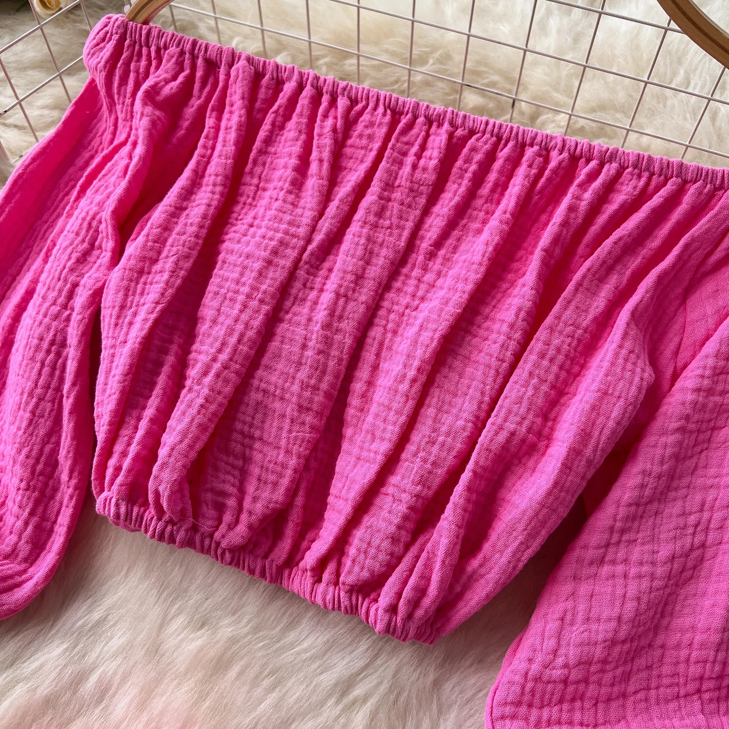 Lantern Sleeve Off Shoulder Crop Top+High Waist Wide Legs Pants Two Piece Set