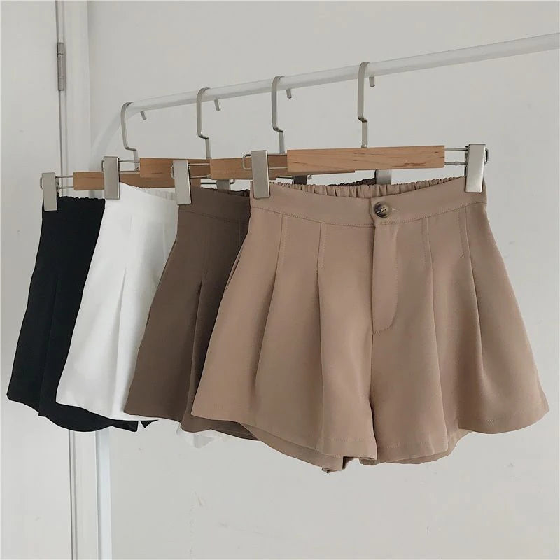 Casual Simple Korean Fashion Elastic High Waist Pleated Shorts