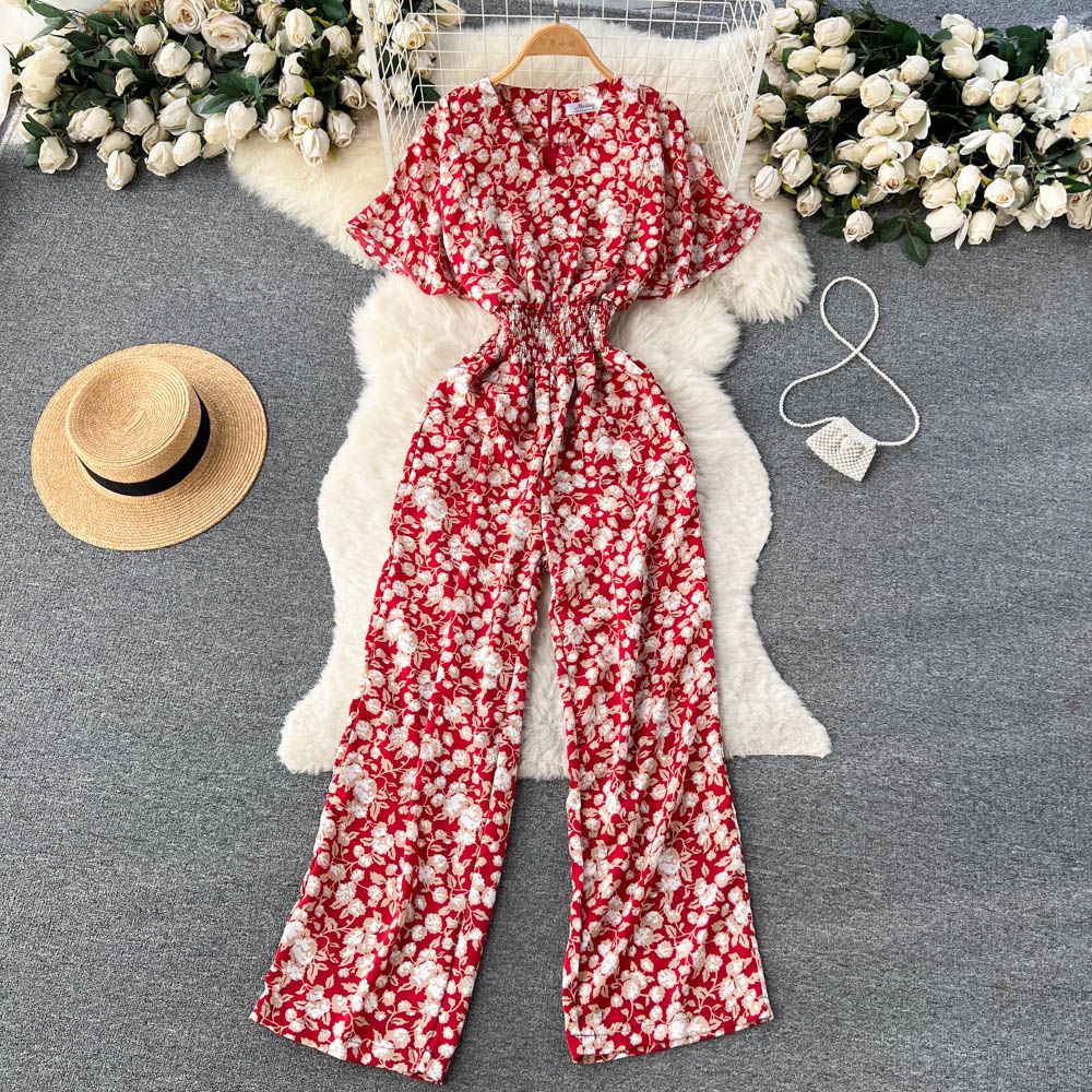 Floral V Neck Jumpsuits Retro Long Rompers