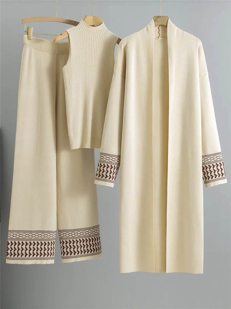 Elegant Knitted 3 Piece Sets Knit Vest Sweater Long Cardigan Tops Conjuntos High Waist Wide Leg Pants Outfit