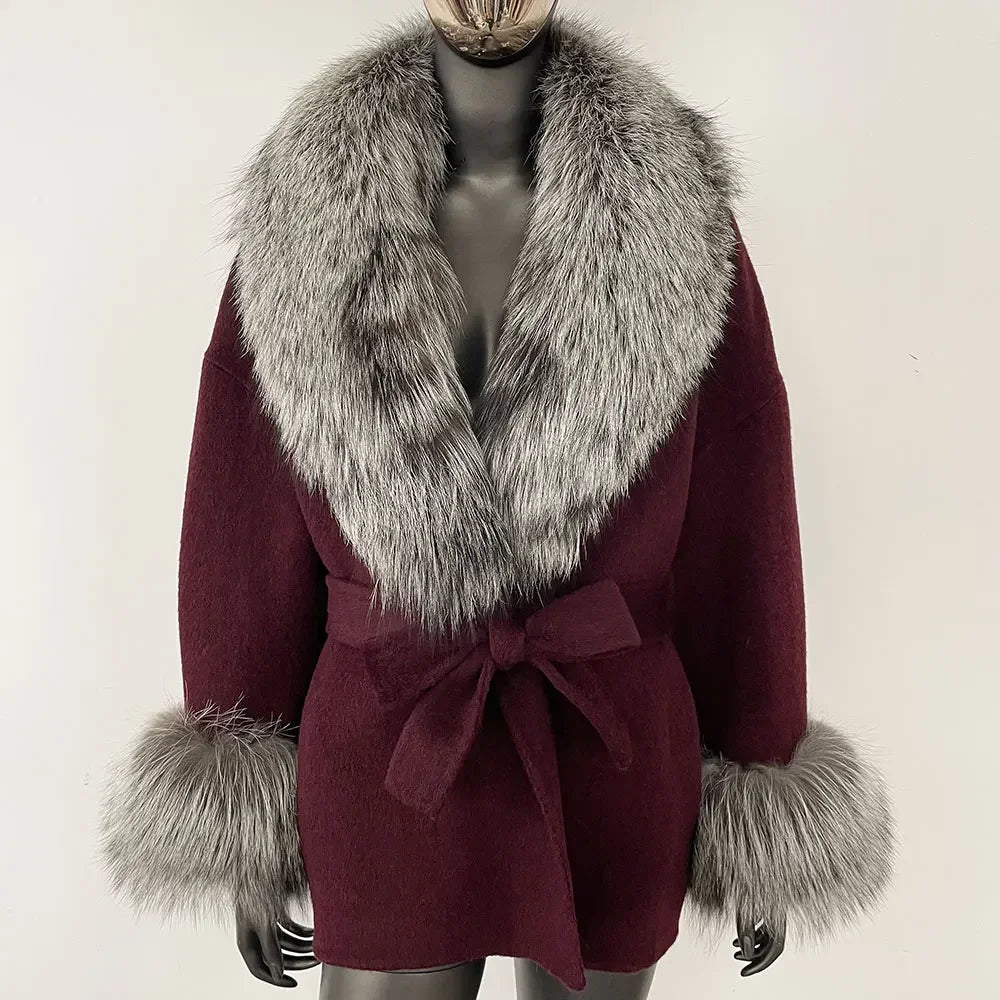 Winter Loose Outerwear Casual Natural Real Raccoon Fox Fur Blends Wool Coat