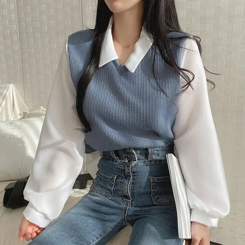 Two-piece Polo Collar Blouse Casual Korean Shirt Y2k Streetwear