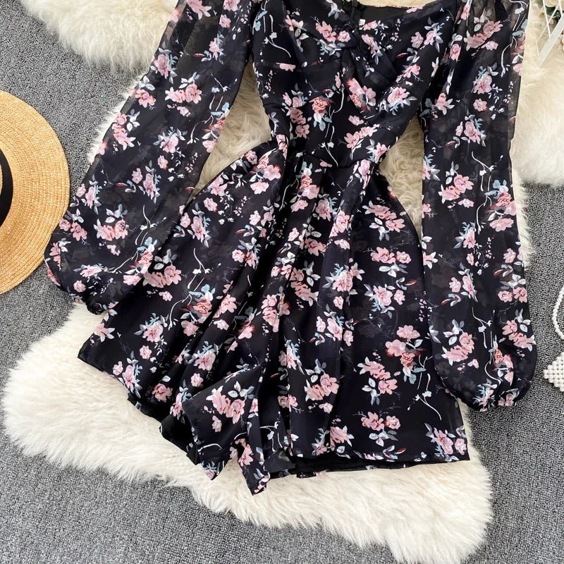 V-neck Puff Sleeves Folds Slim Floral Wide-leg Playsuit Jumpsuit