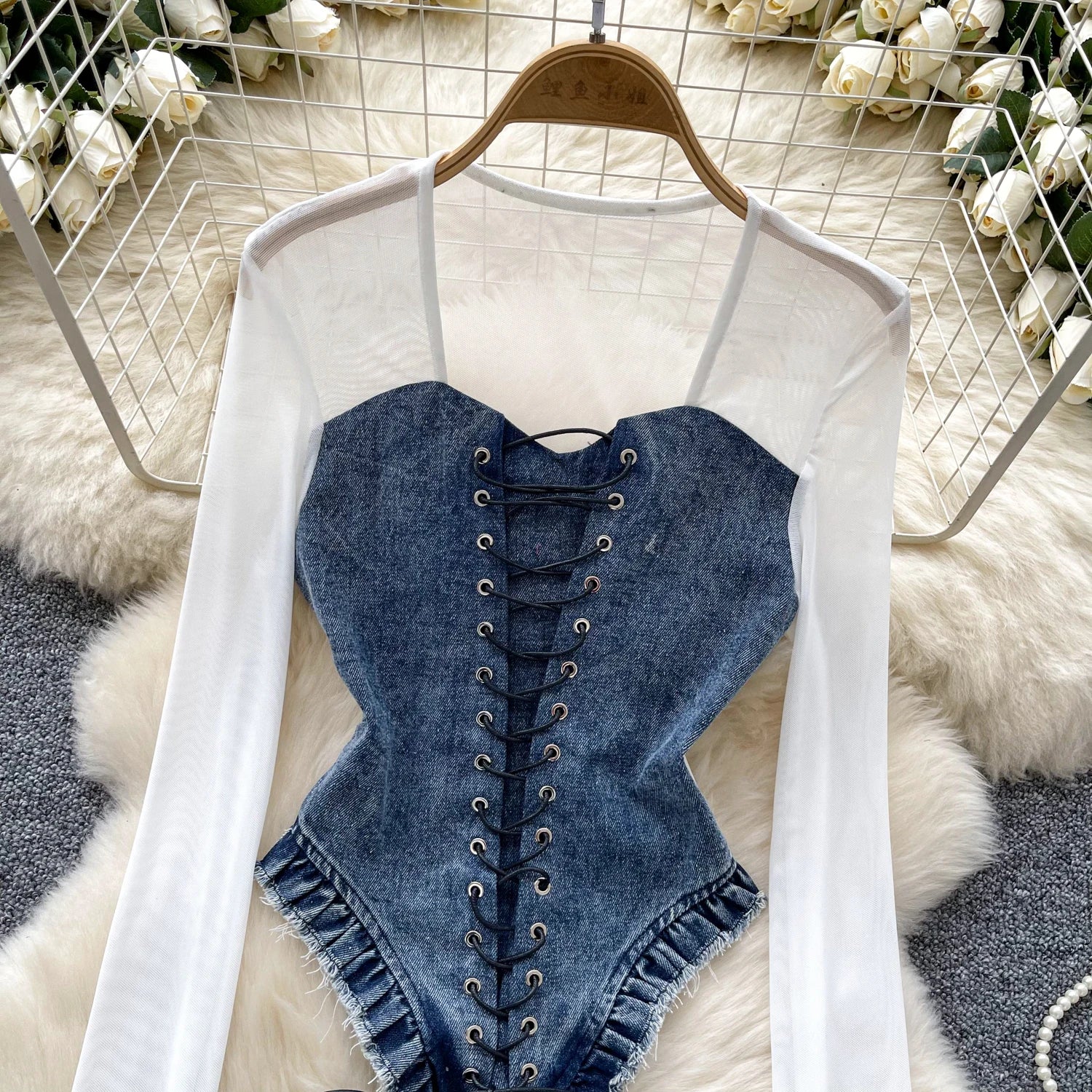 Retro Patchwork Long Sleeves Sheer Lace Up Denim Bodysuit