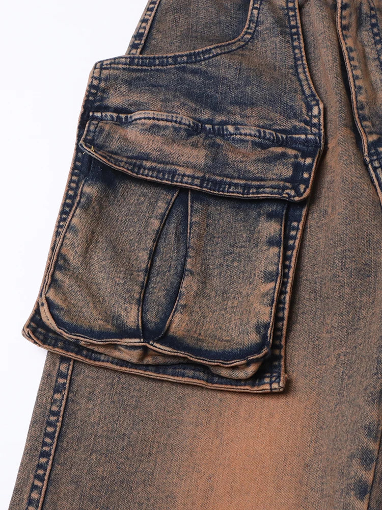 High Waist Patchwork Button Streetwear Cargo Jeans