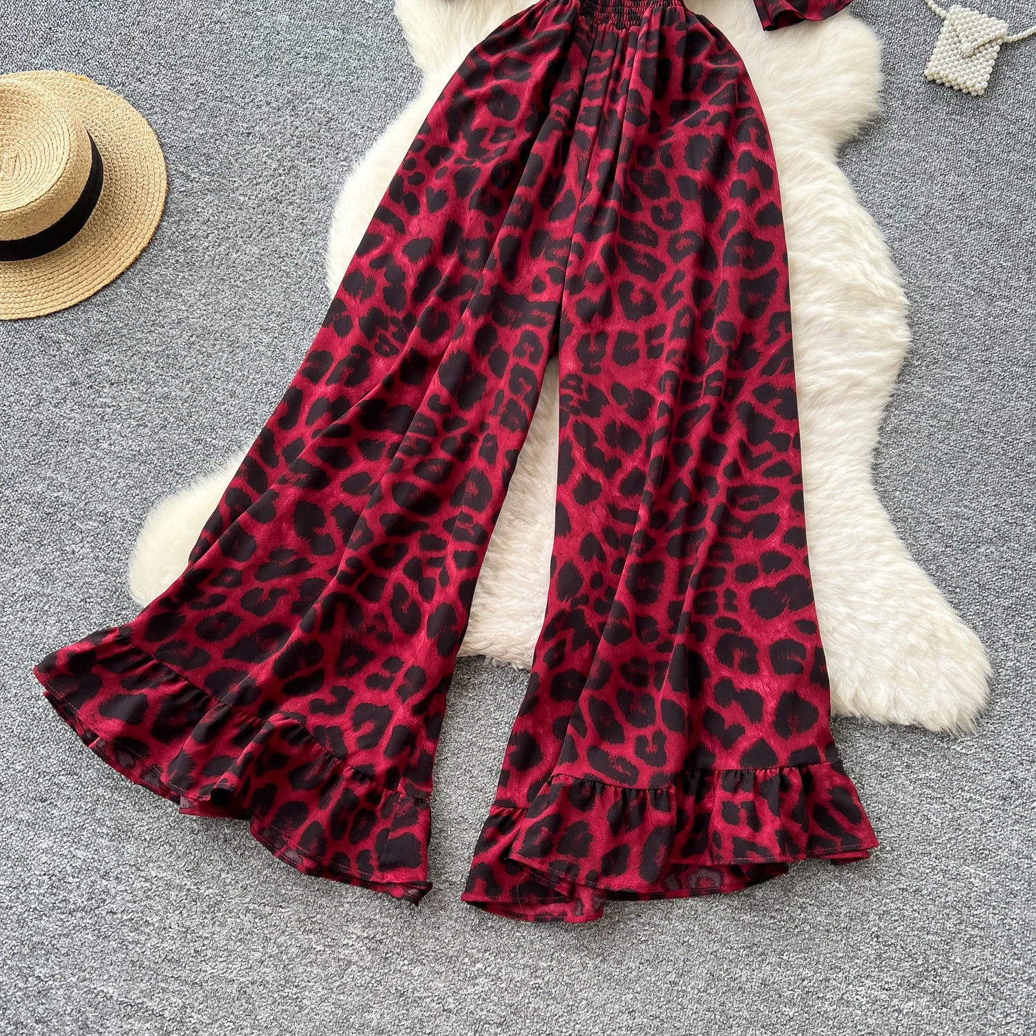 Flared Sleeves Elastic Waist Slim Fit Leopard Print Long Rompers Jumpsuit