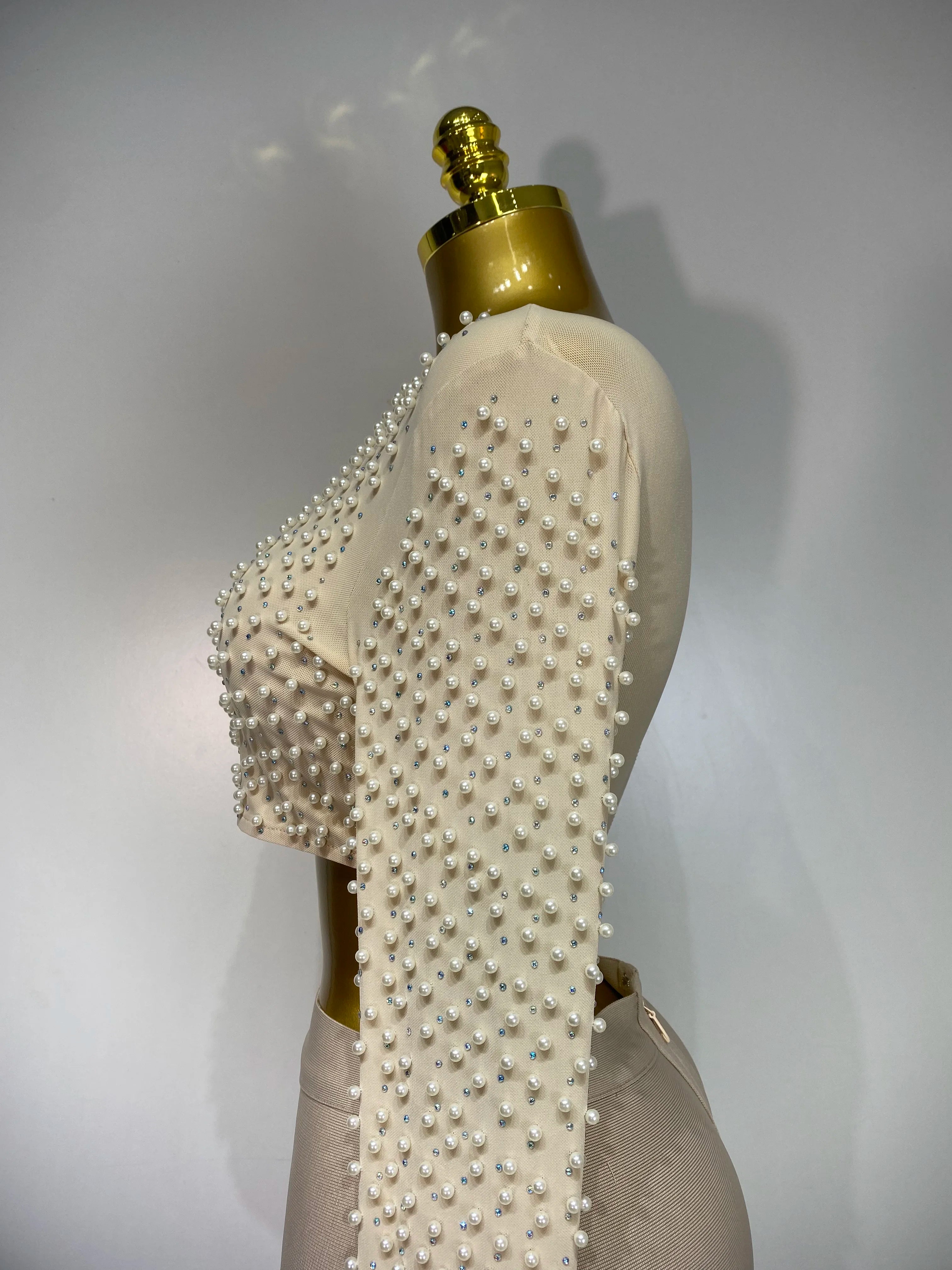 Long Sleeve Mesh Pearl Top  Midi Skirt Bandage Two Set