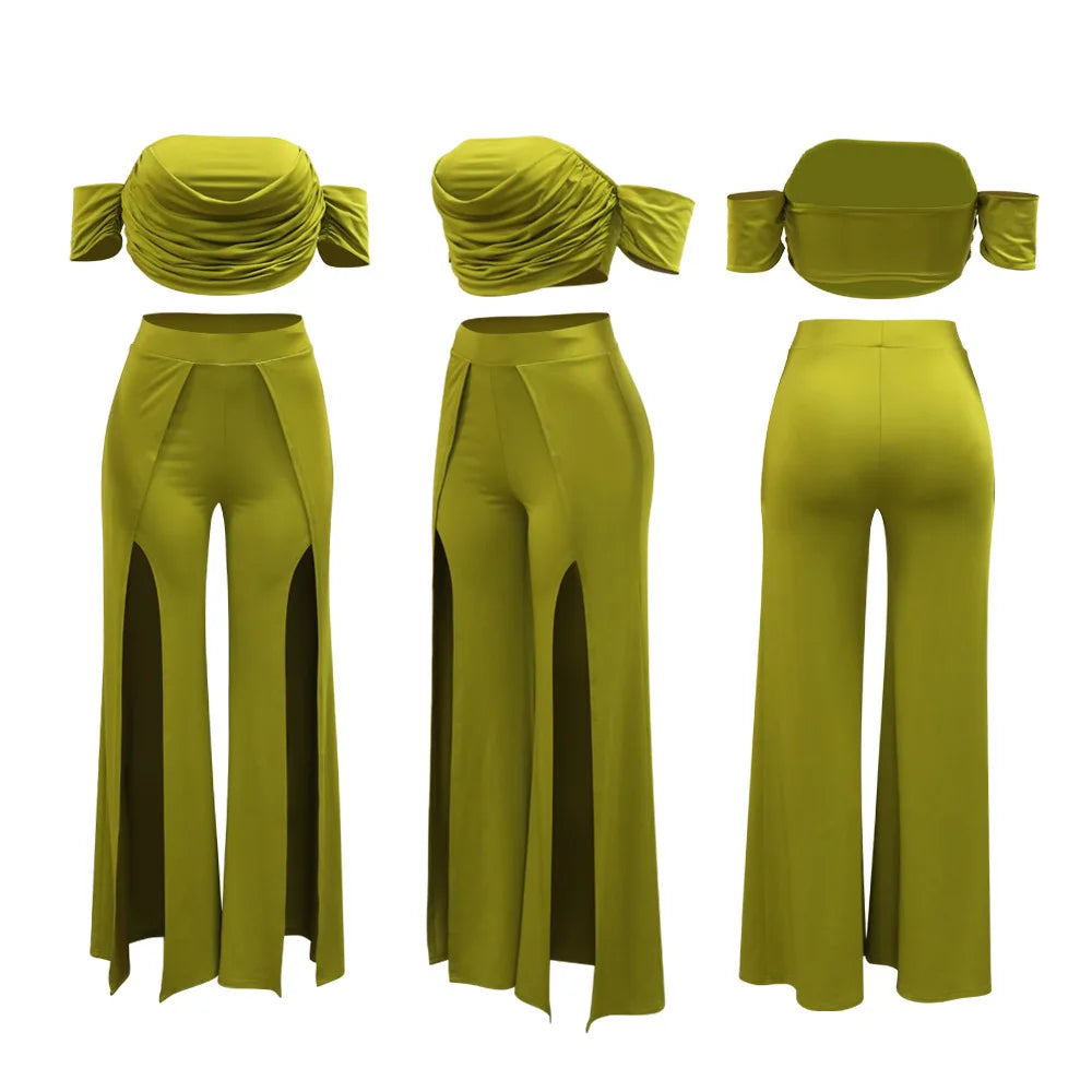 Short Sleeve Slash Neck Ruched Tops and Wide Leg split Pants Two 2 Piece Sets Outfit