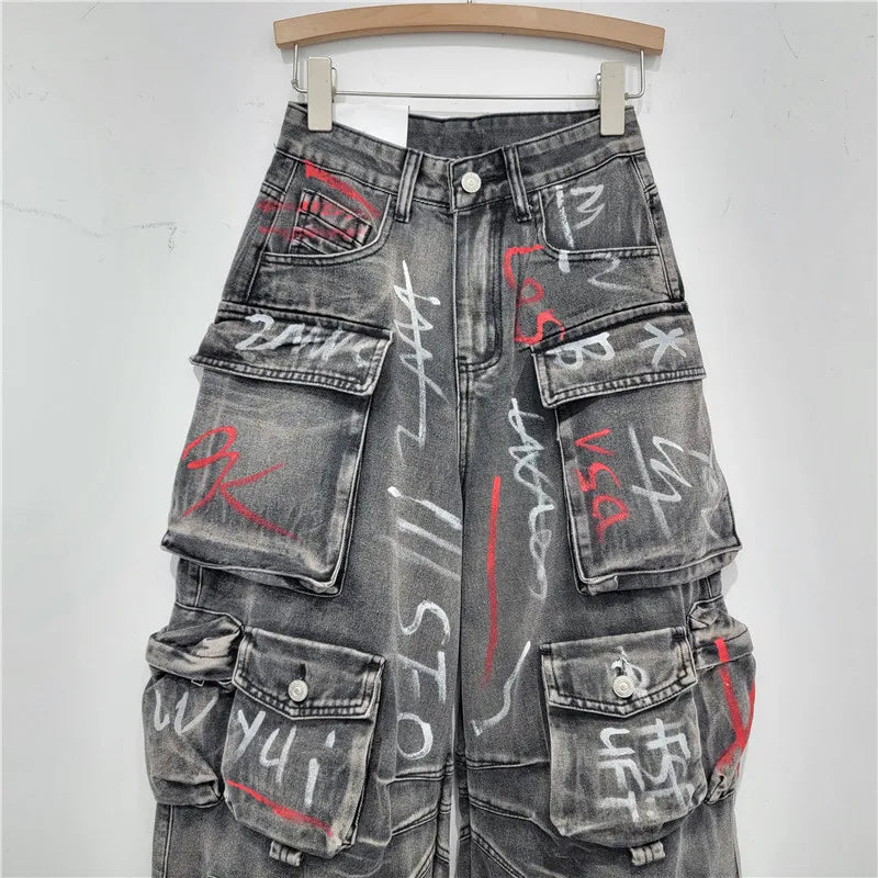 high waist Multiple pockets Graffiti Grey straight wide leg cargo denim