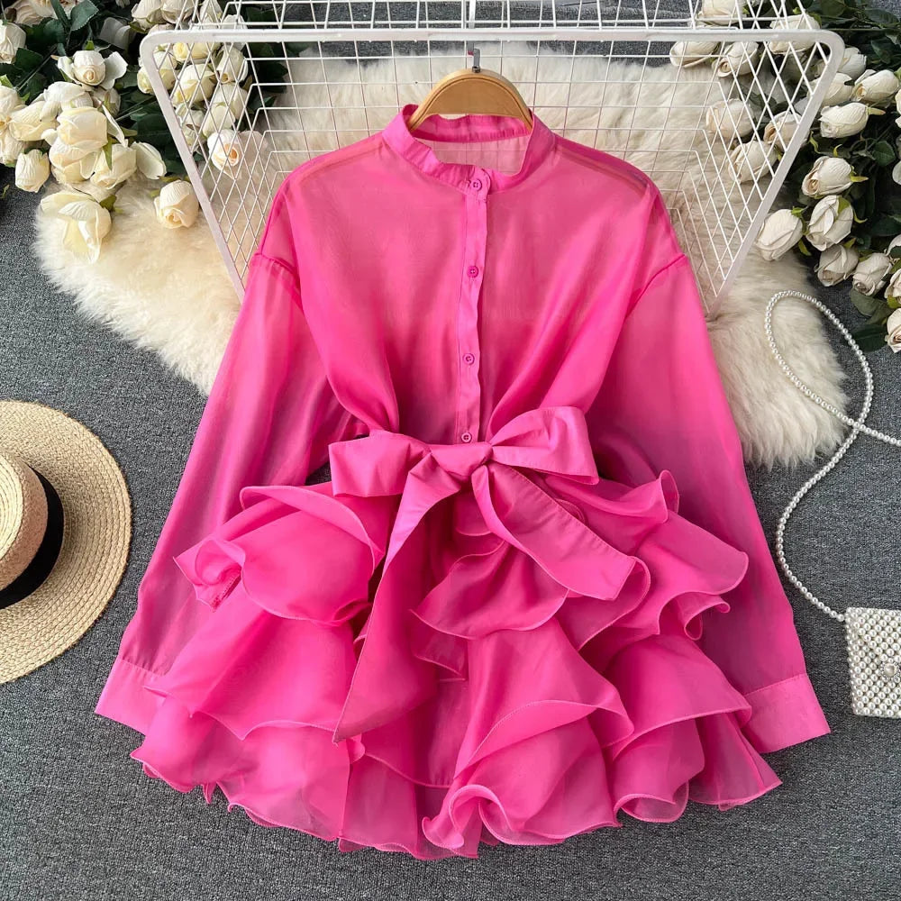 Chiffon Ruffle Edge Bow Tie Ruffle Blouse