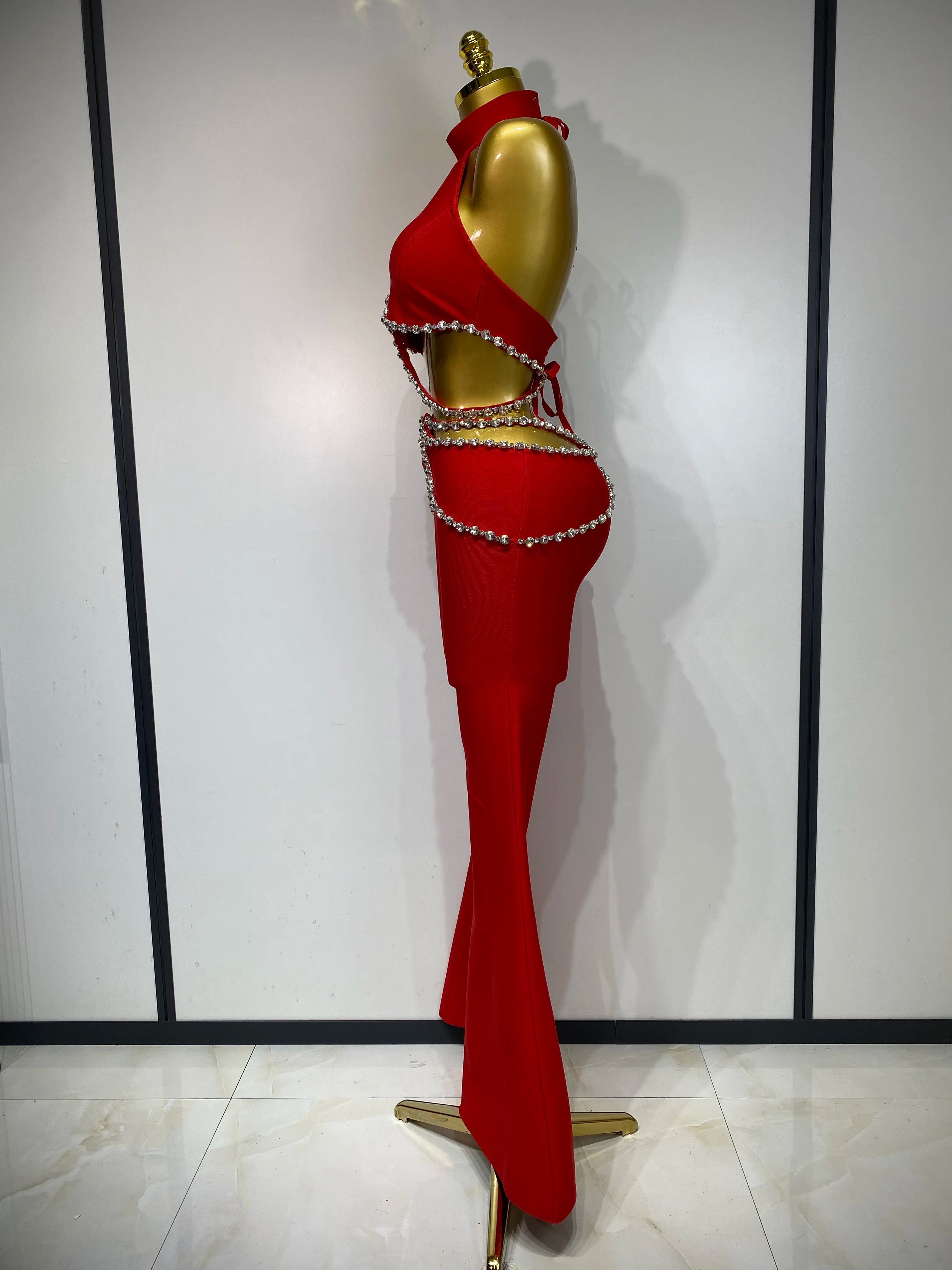 Luxury Rhinestone Cut Out Two Piece Pants And Top Bandage Set