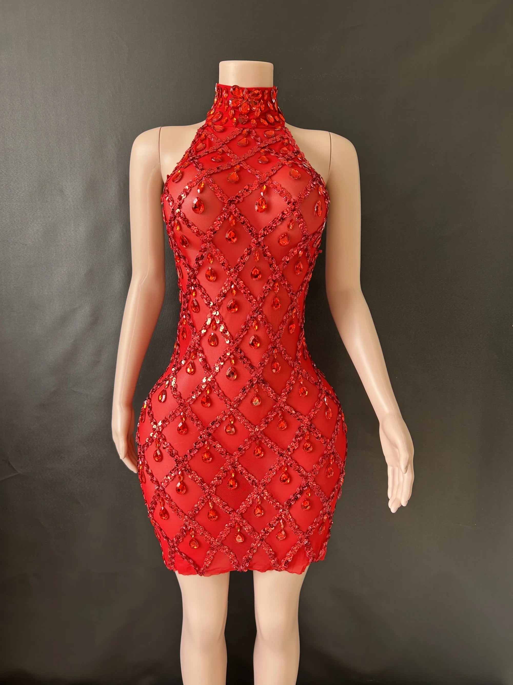 Prom Birthday Dress Transparent Rhinestone Sequins Dress