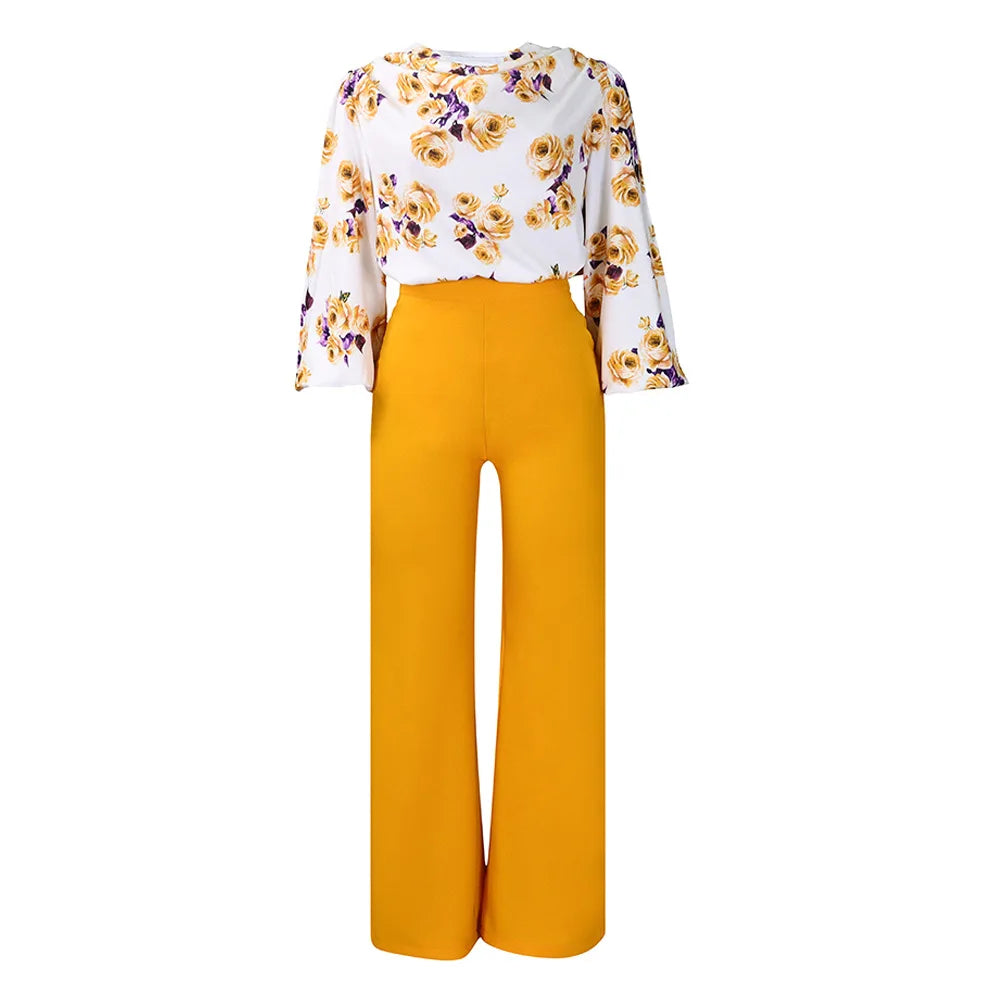 Two Piece Sets Slim Fit Print Floral Round Neck Lantern Sleeve Elegant Splice Wide Leg Long Pants