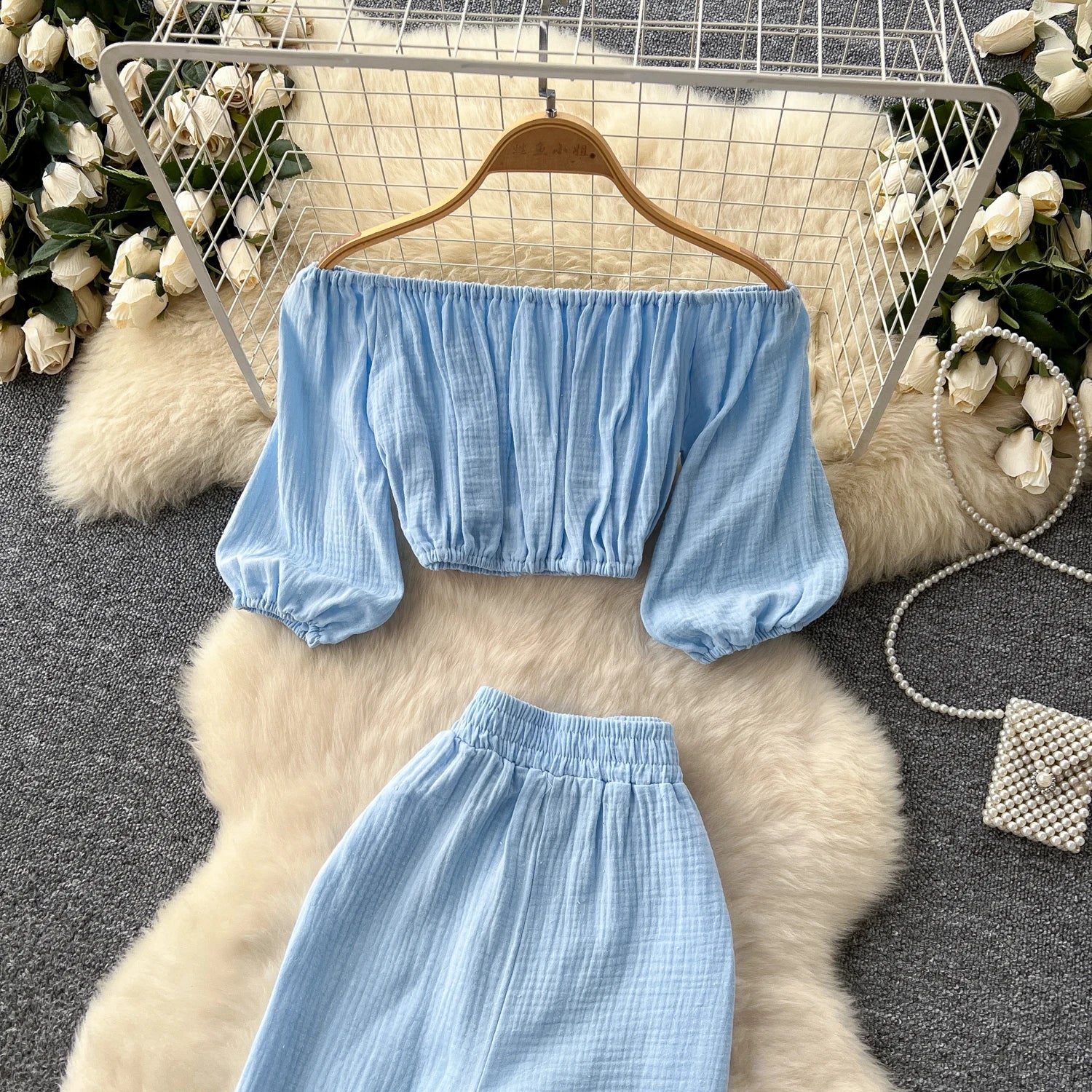 Lantern Sleeve Off Shoulder Crop Top+High Waist Wide Legs Pants Two Piece Set