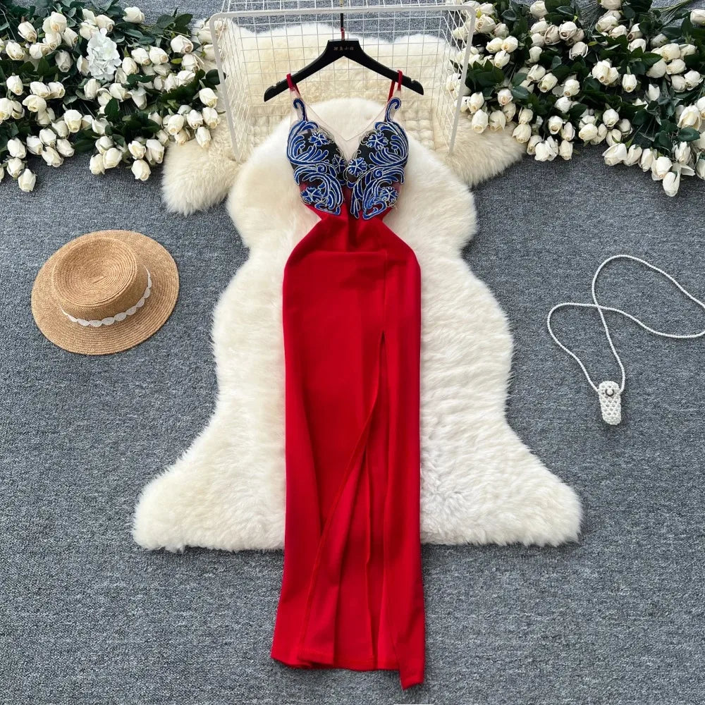 Elegant V-neck Vintage Embroidered Spliced French Dress