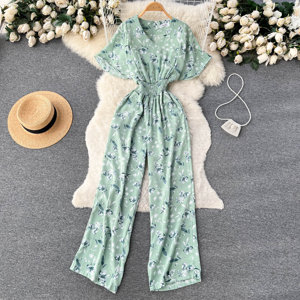 Floral V Neck Jumpsuits Retro Long Rompers