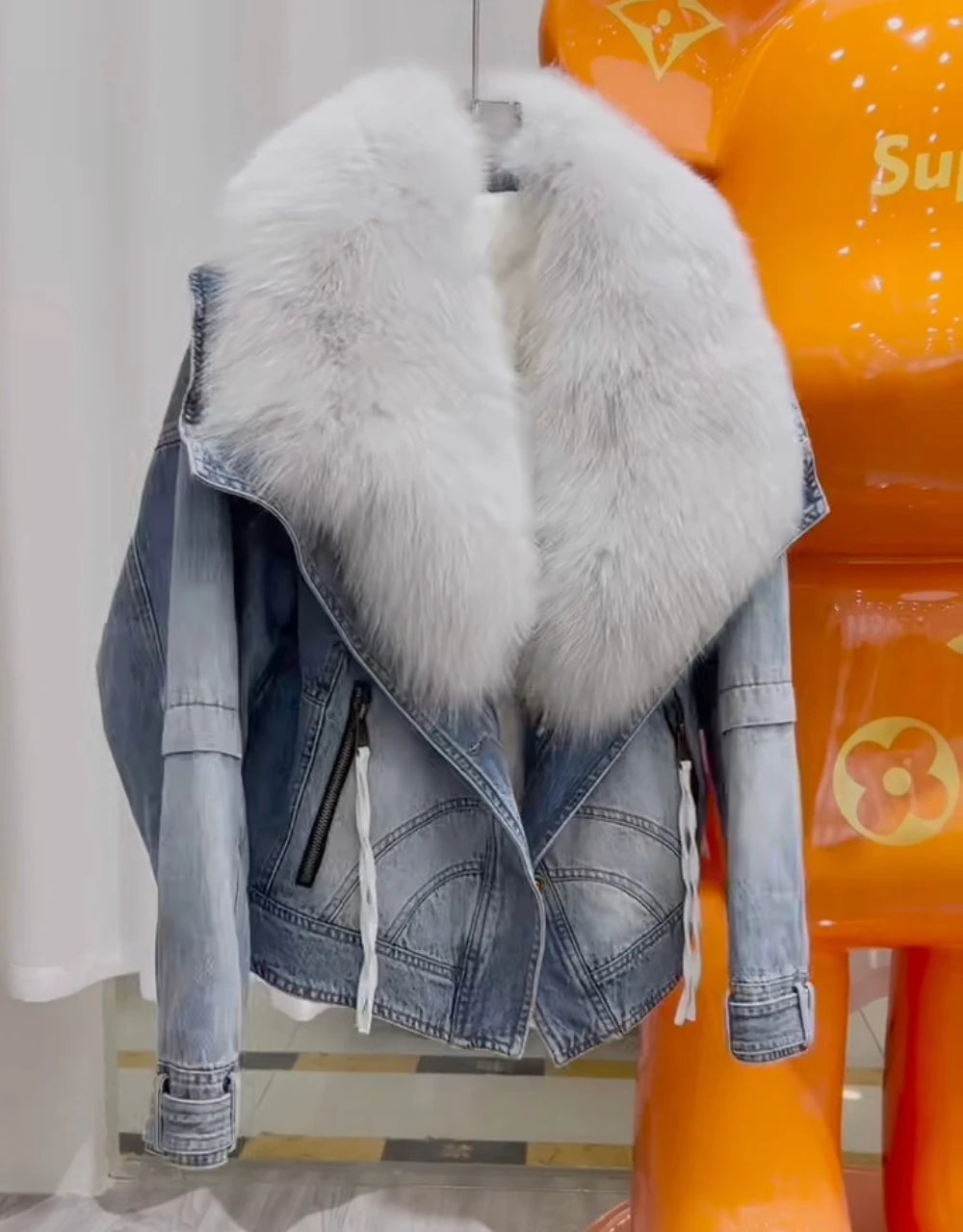 Denim Big White Fox Fur Collar Detachable Goose Down Filling Inner Lining High-End Jacket