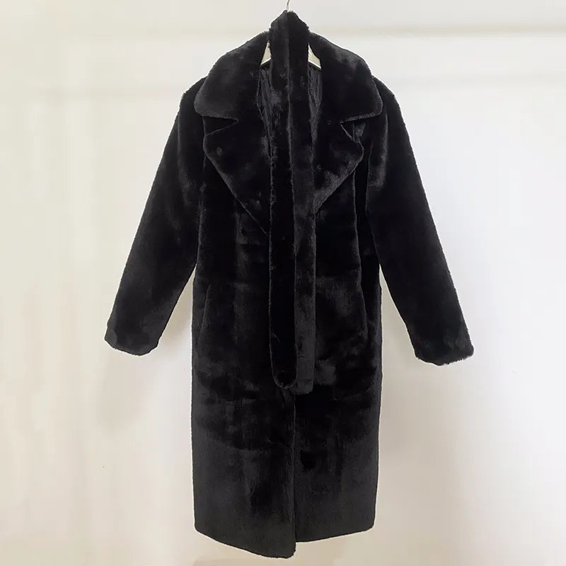 Oversized Lapel Belted Faux Rabbit Fur Coat