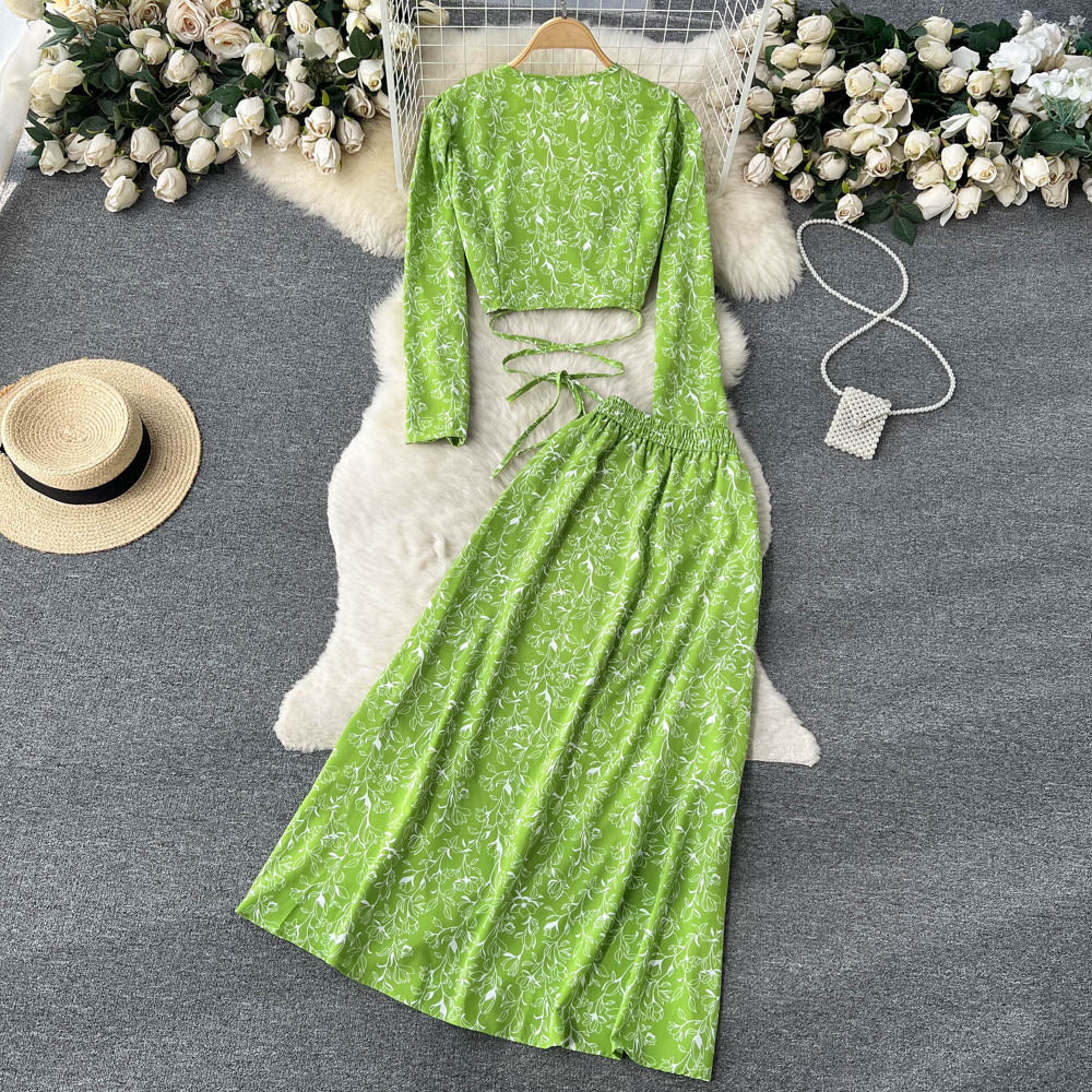 Chiffon Two Pieces Suits Lace Up Top+ Split Long Skirt Sets